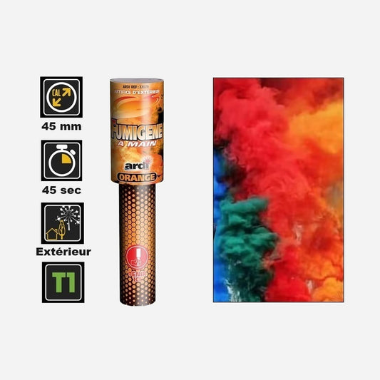 1x fumigène à main orange catégorie T1 45 s