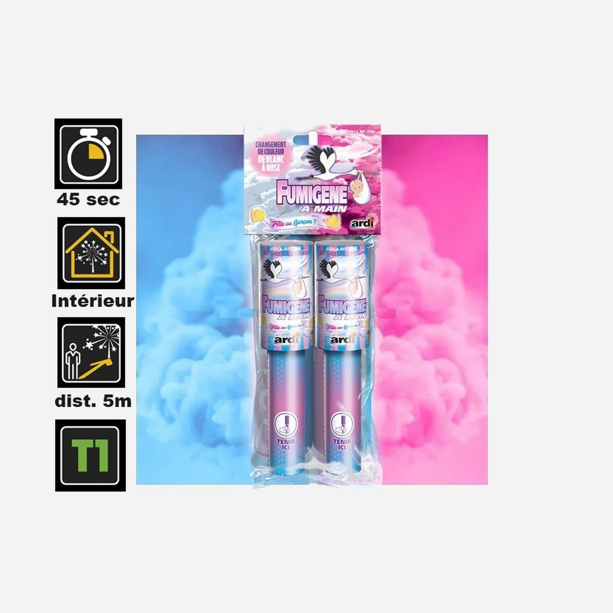 1x lot de 2 fumigènes à main changement blanc à rose T1 45 s