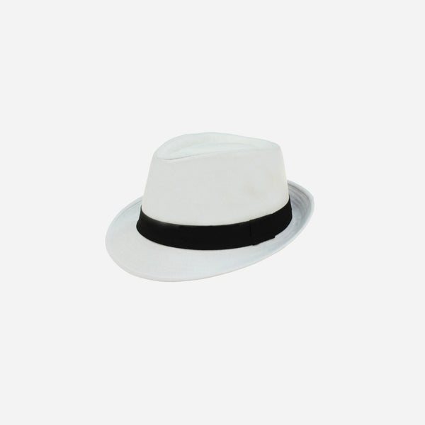 Chapeau Fedora tissu blanc avec ruban noir adulte