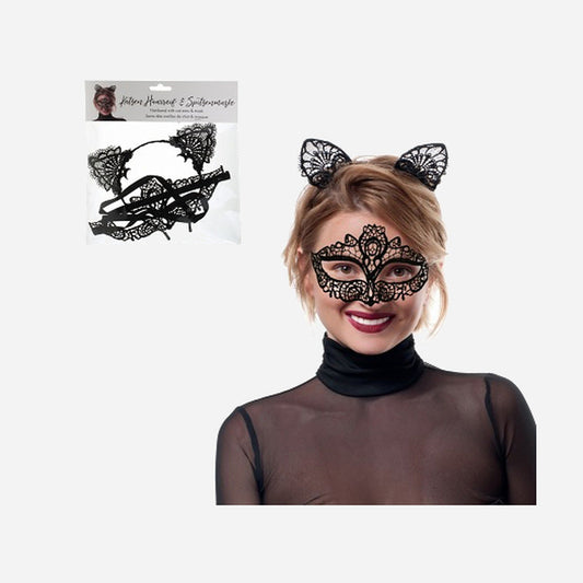 Set serre-tête oreilles de chat et masque dentelles noir