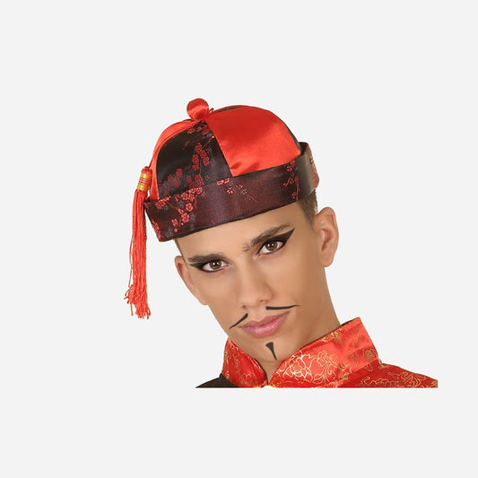 Chapeau chinois mandarin rouge noir avec pompon rouge adulte