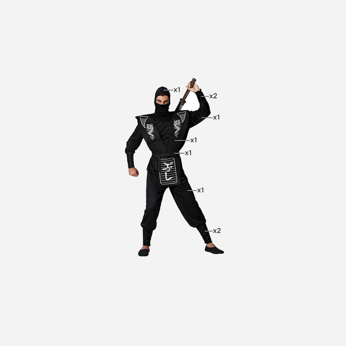 Déguisement de ninja noir 9 pièces homme Taille M/L