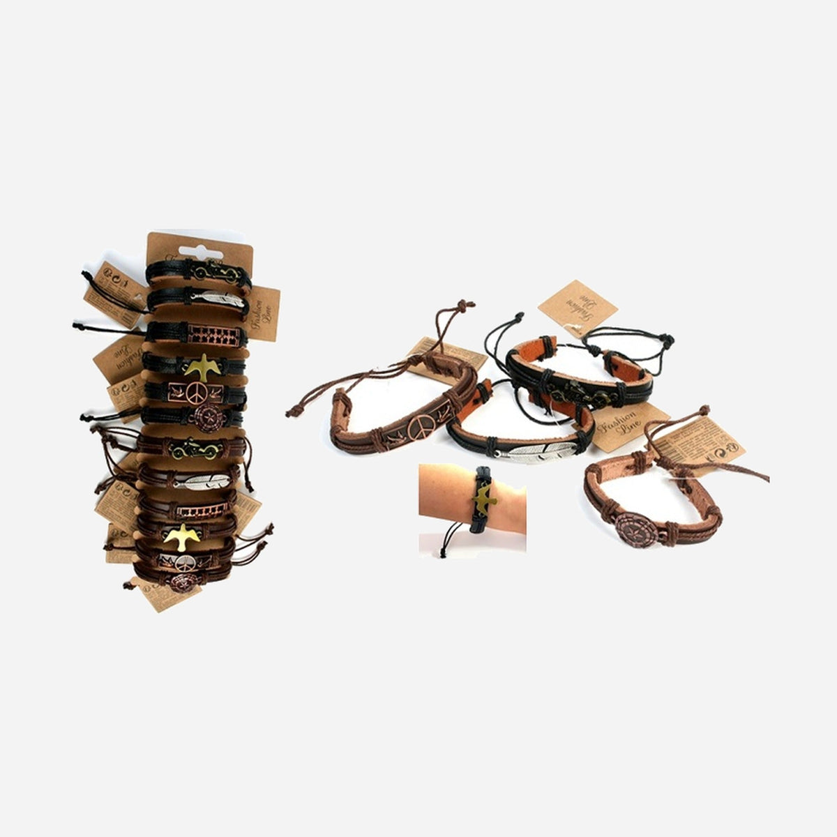 1x lot de 12 bracelets cuir avec plaque métal assorti 17 cm