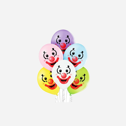 Lot de 6 ballons de fête motif tête de clown assorti 30 cm