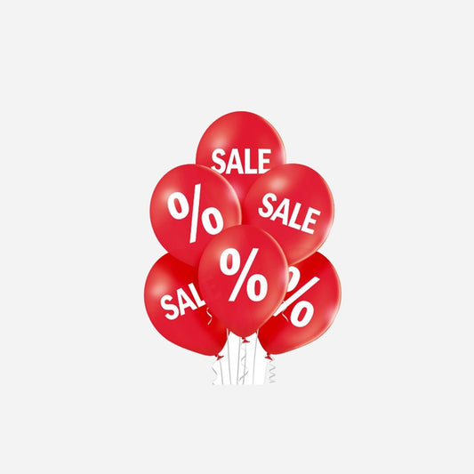 Lot de 6 ballons de fête motifs "sale" et "%" rouge 30 cm