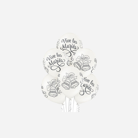 Lot de 6 ballons de fête blanc motif vive les mariés assorti II