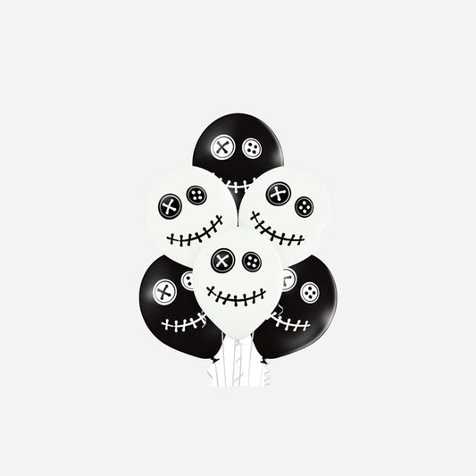 Lot de 6 ballons de fête motifs poupées voodoo noir blanc assorti