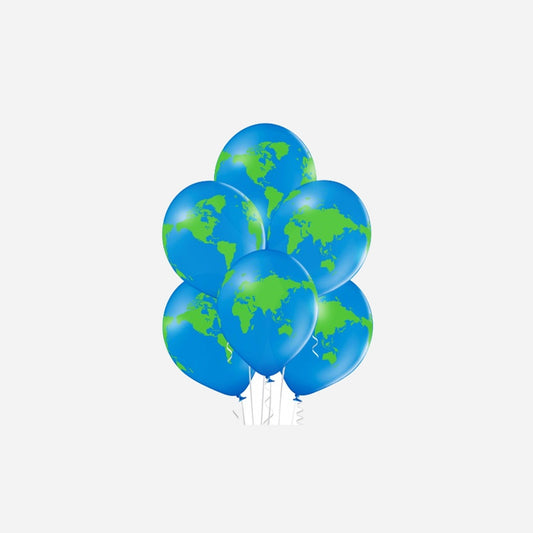 Lot de 6 ballons de fête motif globe terrestre bleu vert 30 cm