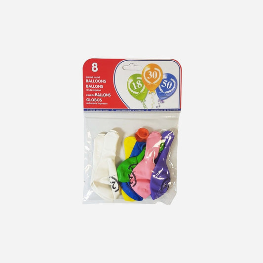 Lot de 8 ballons 25 ans 30 cm