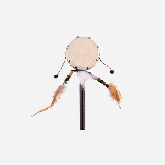 Tambourin indien avec manche et plumes 20 cm