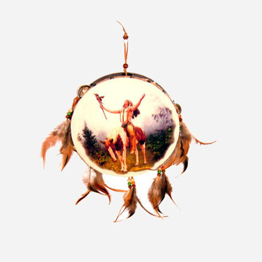 Tambourin grelots indien avec plumes