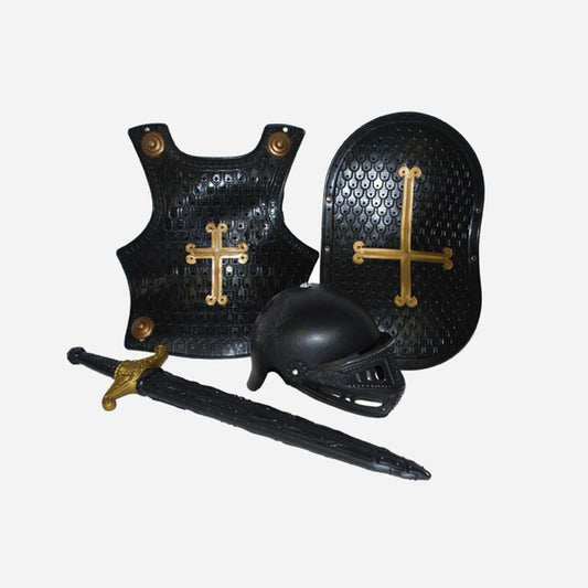 Set chevalier casque armure épée & bouclier "CROIX" noir enfant