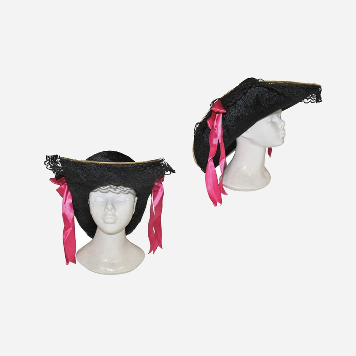 Chapeau tricorne noir pour femme avec dentelles et rubans roses