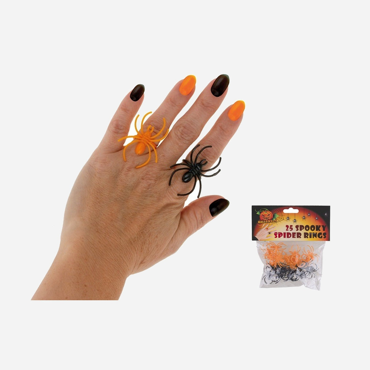 Lot de 25 bagues ou décorations araignées assorti orange/noir