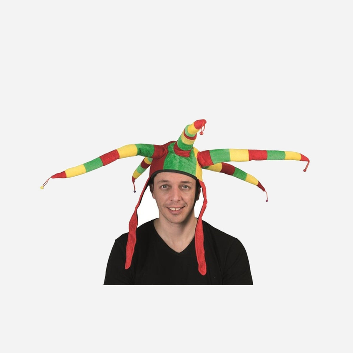 Chapeau carnaval 5 longues cornes et grelots vert jaune rouge