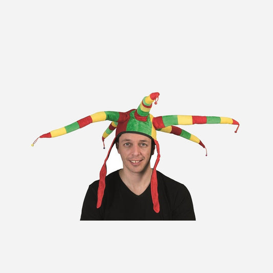 Chapeau carnaval 5 longues cornes et grelots vert jaune rouge