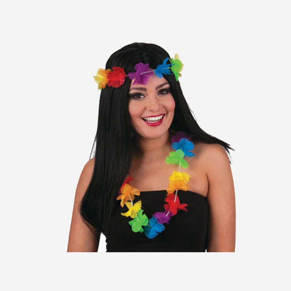 Perruque Hawai avec couronne et collier de fleurs