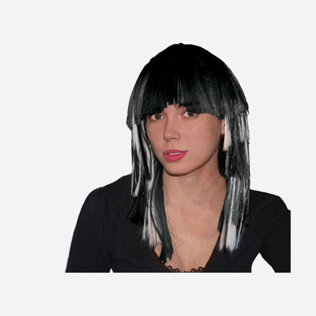 Perruque cheveux mi-longs noirs & blanc