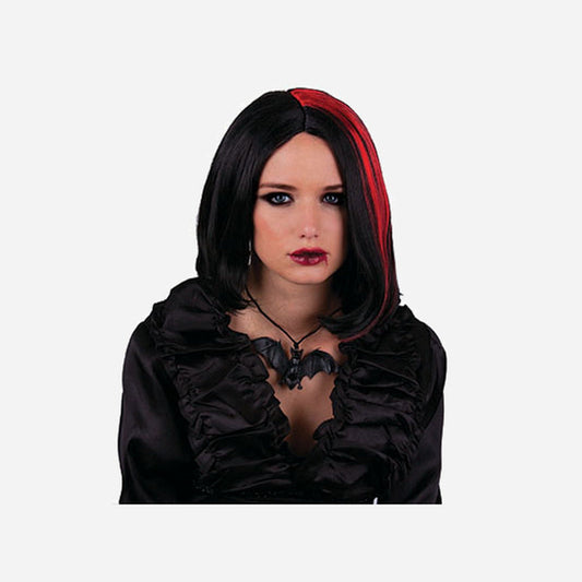 Perruque de vampire mi long femme noir & rouge