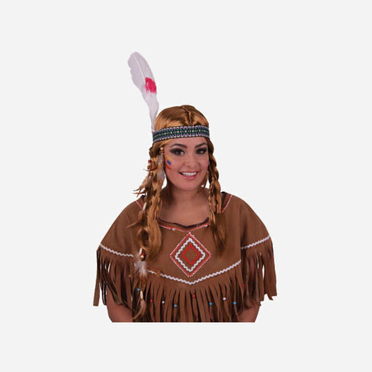 Perruque indienne 2 nattes & bandeau avec plume
