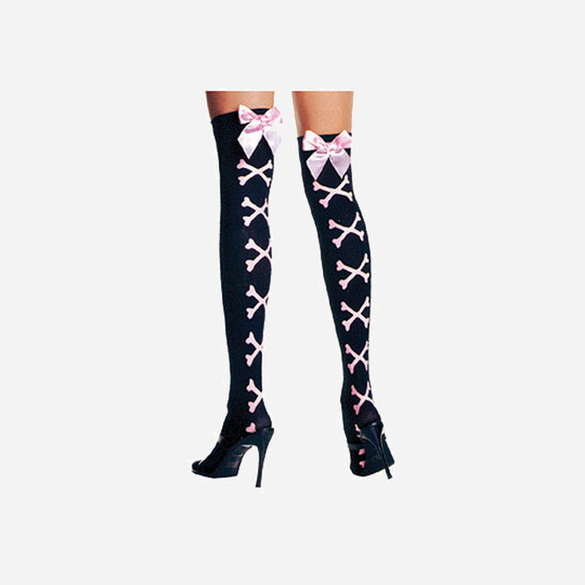 Paire de bas noir avec os & noeud papillon rose