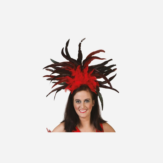 Serre-tête coiffe tiare carnaval à plumes rouge noir
