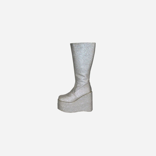 Paire de bottes à paillettes haute argent de déguisement