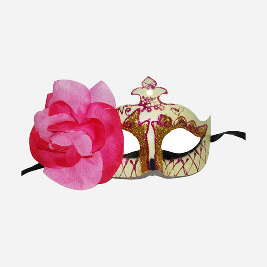 Masque vénitien avec fleur et paillettes dorées