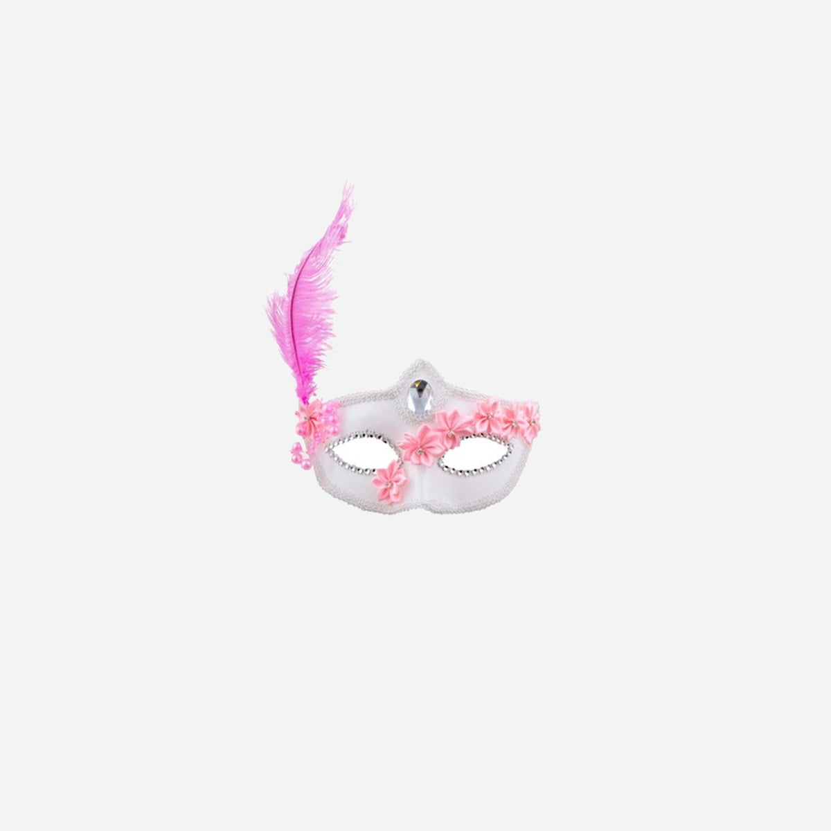 Masque loup blanc avec plume et fleurs rose
