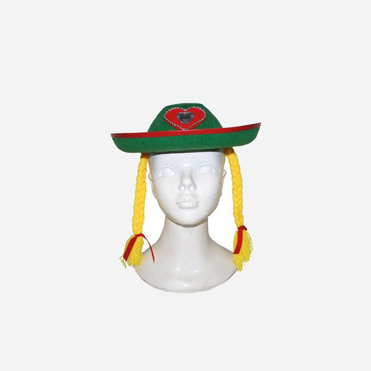 Chapeau Tyrolien feutrine avec nattes et coeur vert