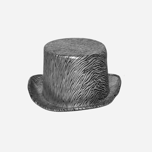 Chapeau haut de forme zébré métallisé argenté 12 cm