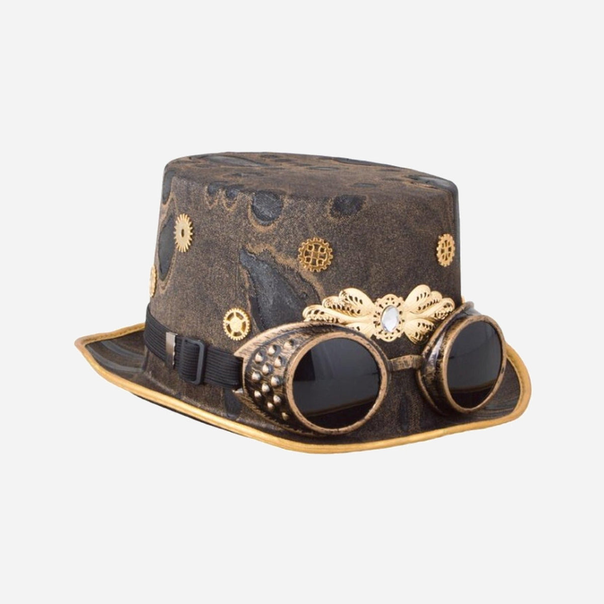 Chapeau haut de forme steampunk lunettes marron 12 cm