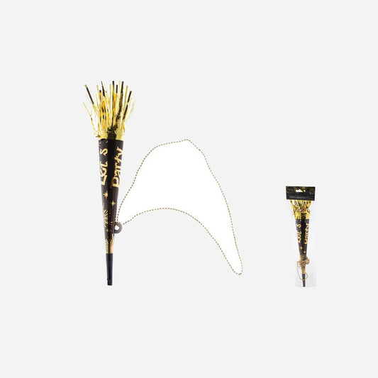 Trompette avec collier motif "let's Party" noir et or 32 cm
