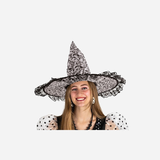Chapeau sorcière blanc et noir avec dentelles 44 cm