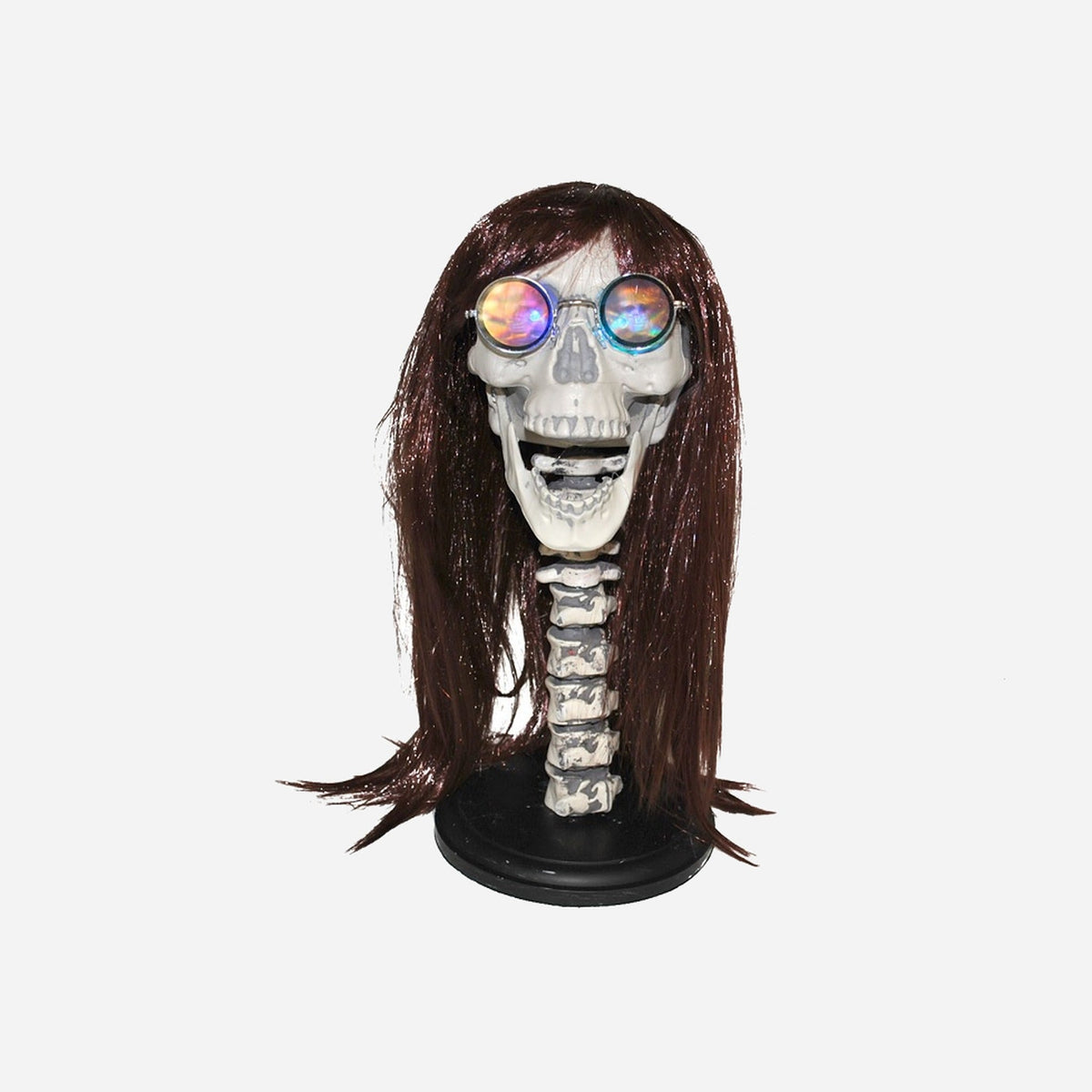 Tête de squelette avec perruque et lunettes lumineuse 43 cm