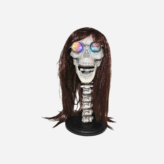 Tête de squelette avec perruque et lunettes lumineuse 43 cm