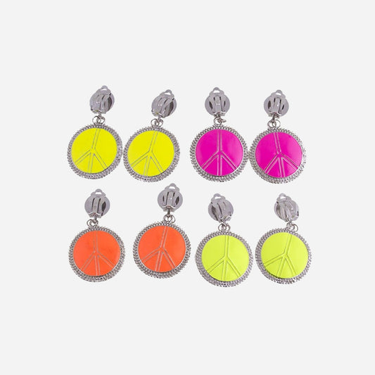 Boucles d'oreilles peace & love fluo avec clips assorti 6 cm