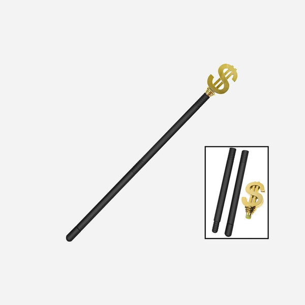 Canne noire avec dollar géant or 3 pièces 85 cm