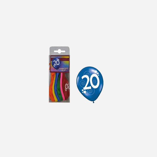Lot de 12 ballons 20 ans assorti 30 cm