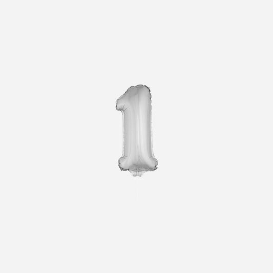 Ballon chiffre "1" en aluminium avec bâton argent 40 cm