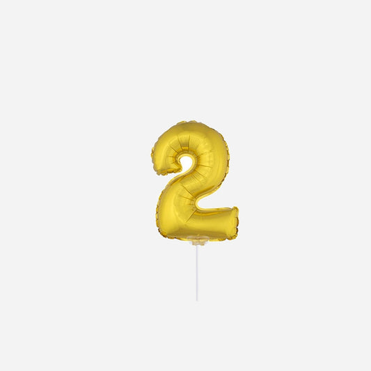 Ballon chiffre "2" en aluminium avec bâton or 40 cm
