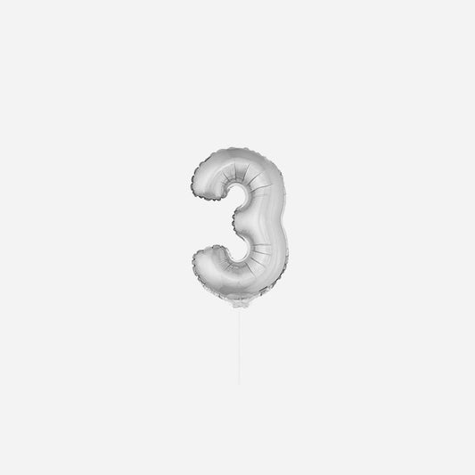 Ballon chiffre "3" en aluminium avec bâton argent 40 cm