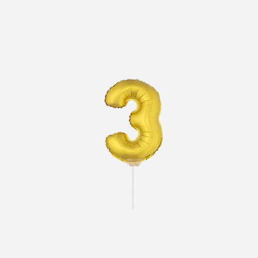 Ballon chiffre "3" en aluminium avec bâton or 40 cm