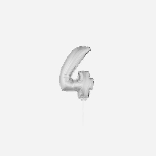 Ballon chiffre "4" en aluminium avec bâton argent 40 cm