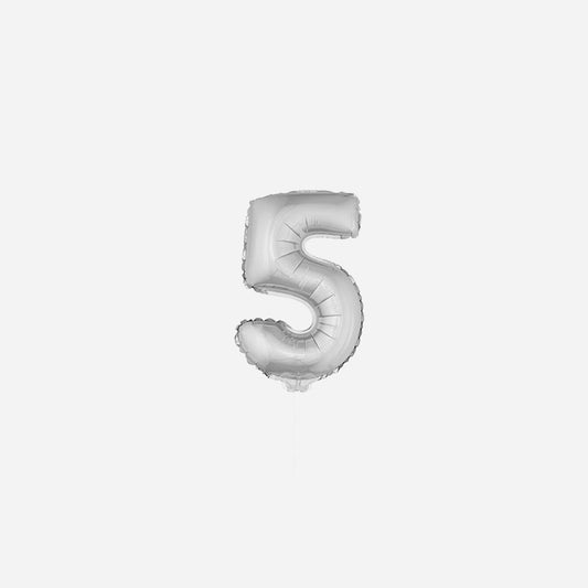 Ballon chiffre "5" en aluminium avec bâton argent 40 cm