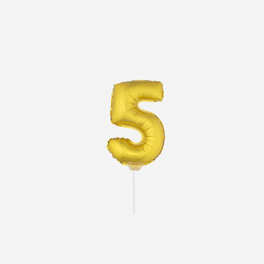 Ballon chiffre "5" en aluminium avec bâton or 40 cm