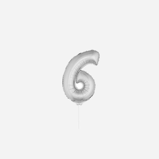 Ballon chiffre "6" en aluminium avec bâton argent 40 cm
