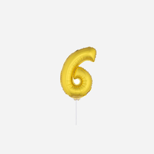 Ballon chiffre "6" en aluminium avec bâton or 40 cm