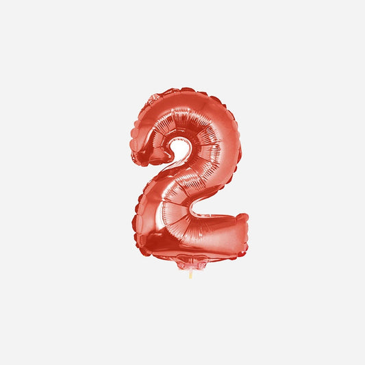 Ballon chiffre "2" en aluminium avec bâton rouge 40 cm
