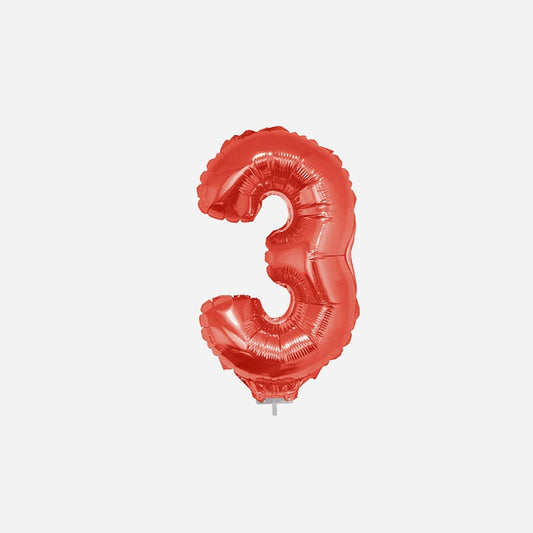 Ballon chiffre "3" en aluminium avec bâton rouge 40 cm